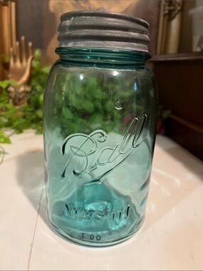 Blue Ball Jar VERY RARE w Zinc Lid & Milk Glass Inside Lid - (2-3X) - Hand Blown